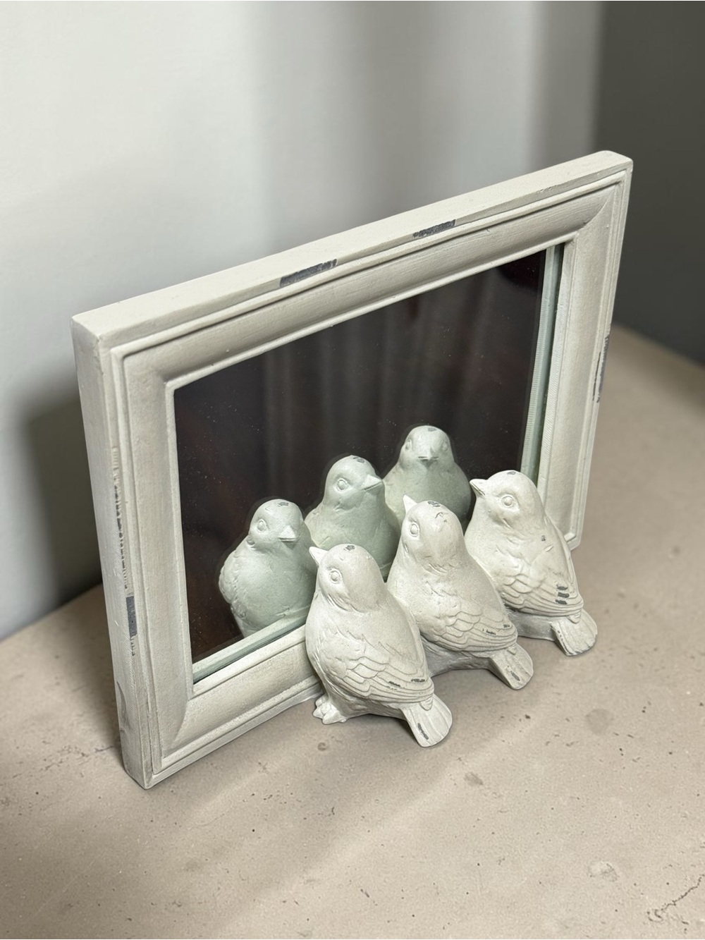 Three Little Birds Tabletop Freestanding Mirror Decor 8x6in Cream, Distressed